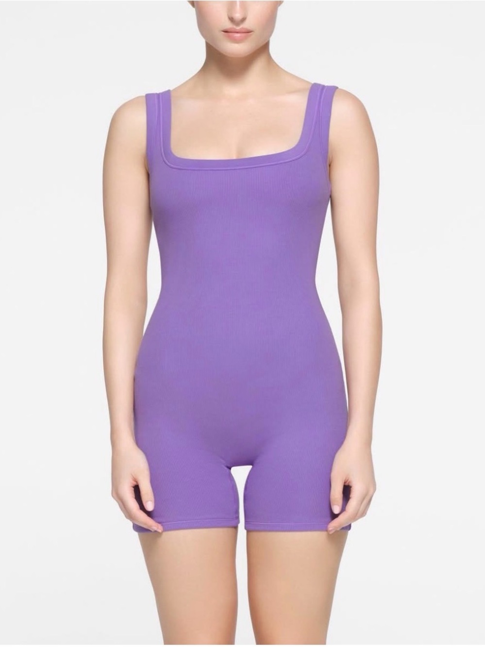 SKIMS Sleeveless Ribbed Stretch-Cotton Onesie Bodysuit Purple Romper Size Small